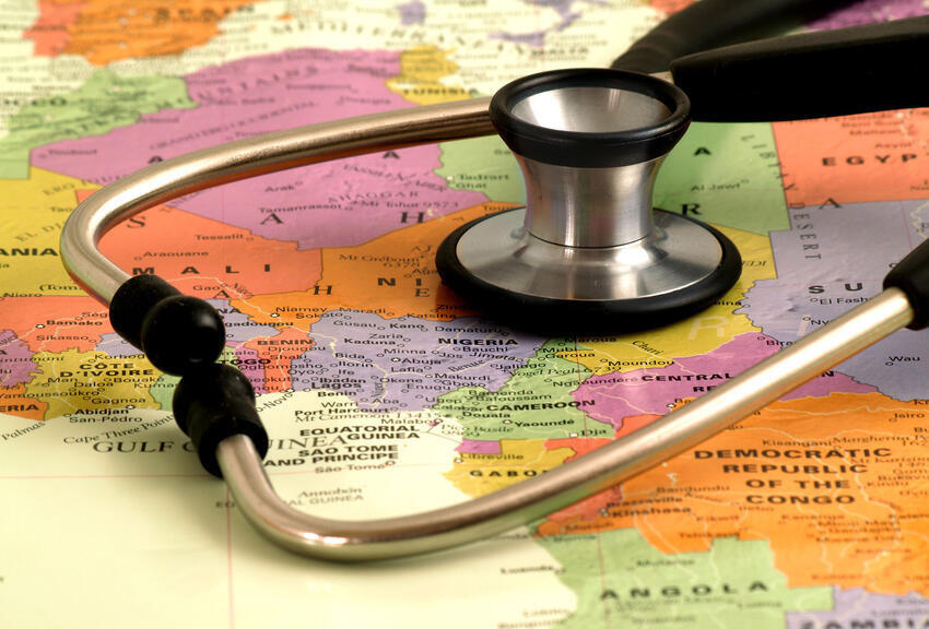 A stethoscope placed on a map, symbolizing the MedCOI service, which provides medical Country of Origin Information to all EU+ countries